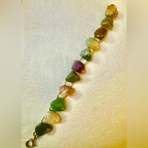 Beautiful Antique Multi-Stone Silver Bracelet in Jade, Amethyst, Brown, Cream 7"